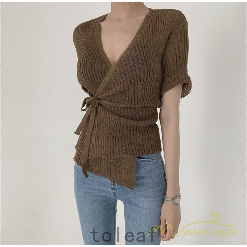 ニット トップス レディース サマーニット 半袖 Vネック カットソー 5分袖 Tシャツ リボン セクシー サマーニット レディース フェミニン リラックス コーデ Yveag5cxee ファッション Www Elghoniemy Com