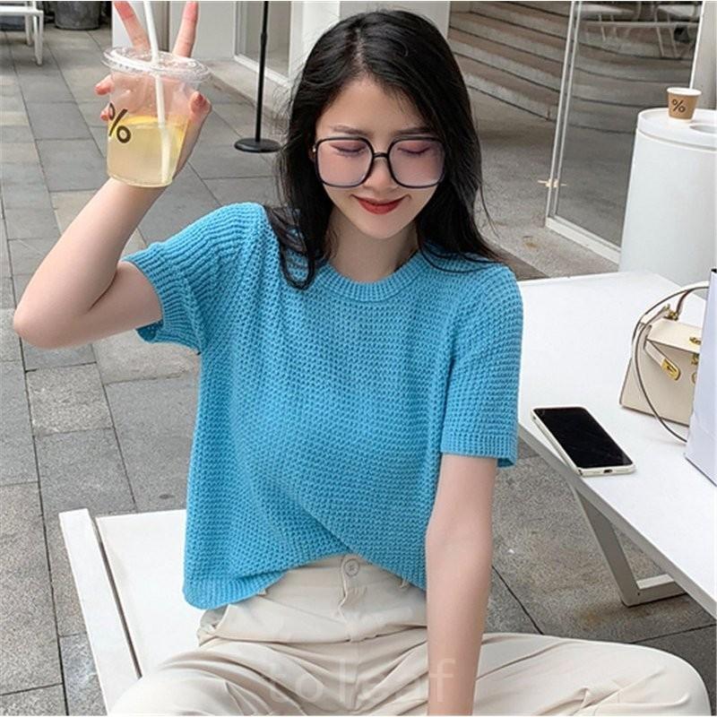 ニットトップスレディースuネックサマーニットtシャツレディースカットソーパフスリーブ半袖5分袖tシャツ丸首薄手涼しい韓国ファッションコーデ セール 登場から人気沸騰