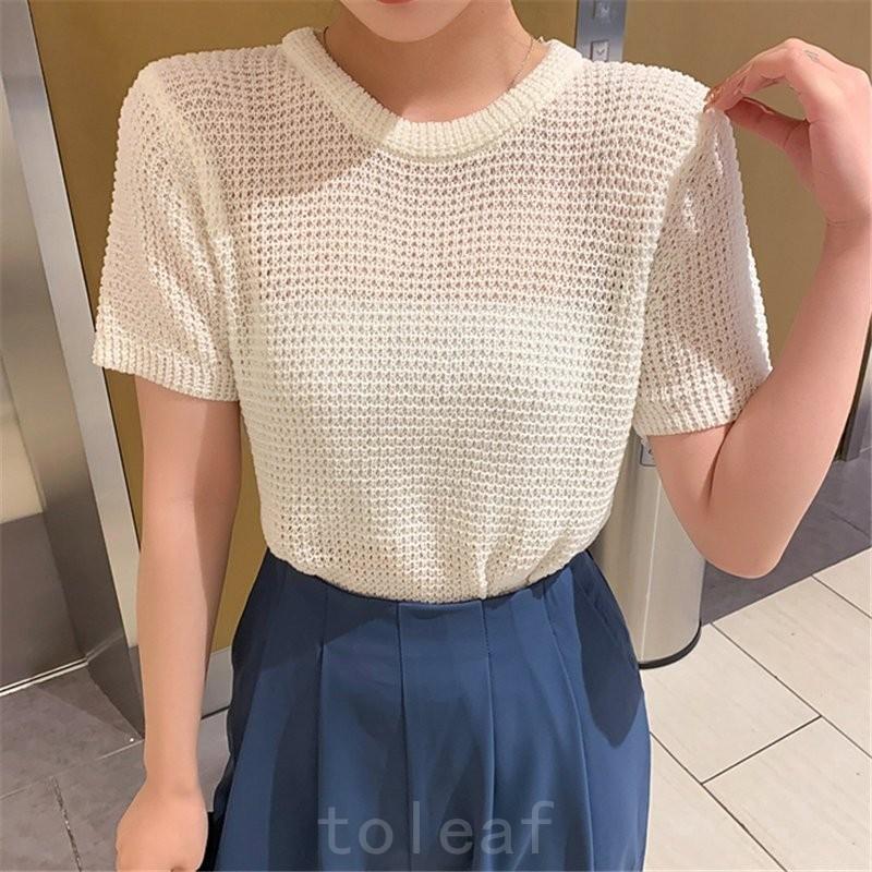 ニットトップスレディースuネックサマーニットtシャツレディースカットソーパフスリーブ半袖5分袖tシャツ丸首薄手涼しい韓国ファッションコーデ セール 登場から人気沸騰