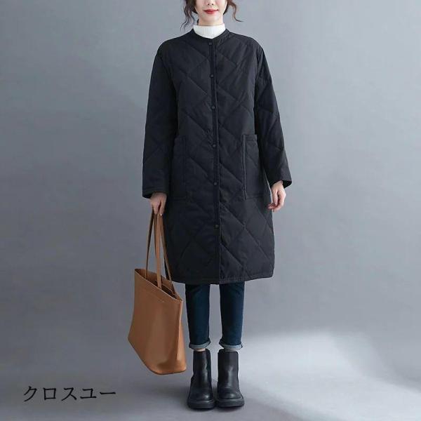 キルティングコート レディース 秋冬 ロングコート ノーカラー 中綿  