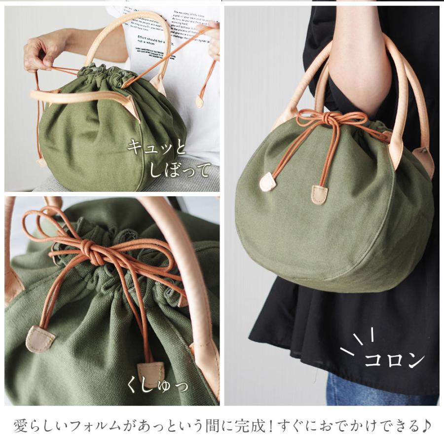 ハンドバッグ 本革×帆布 長財布も入るぽってり巾着バッグ レディース