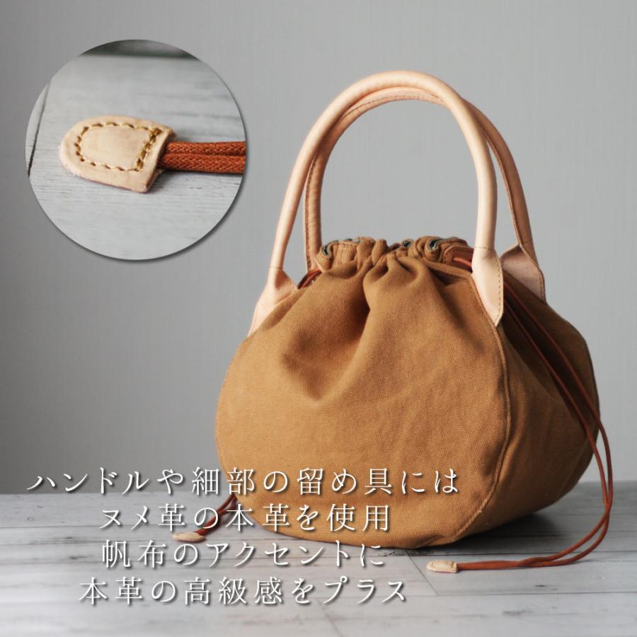 ハンドバッグ 本革×帆布 長財布も入るぽってり巾着バッグ レディース