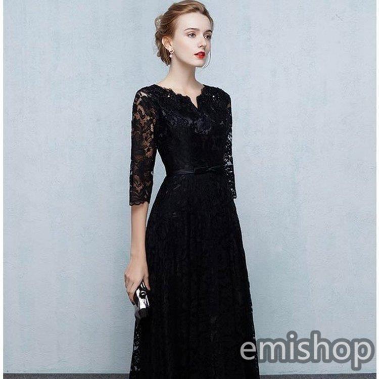 ロング丈レースドレス黒ブラック着痩せ7分袖パーティードレス結婚式二次会ドレスロングドレスフォーマルワンピースレース | ブランド登録なし | 01