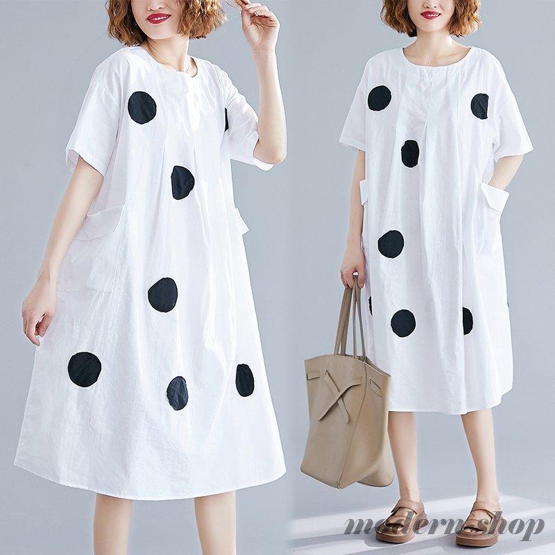 ファッション エクルベージュ チュニックワンピース レディース 森ガール 水玉柄 半袖ワンピース 大きいサイズ ゆったり 綿 夏 体型カバー 柄物 30代 40代 50代 60代 Vay0qmvg0e Www Totenka Com