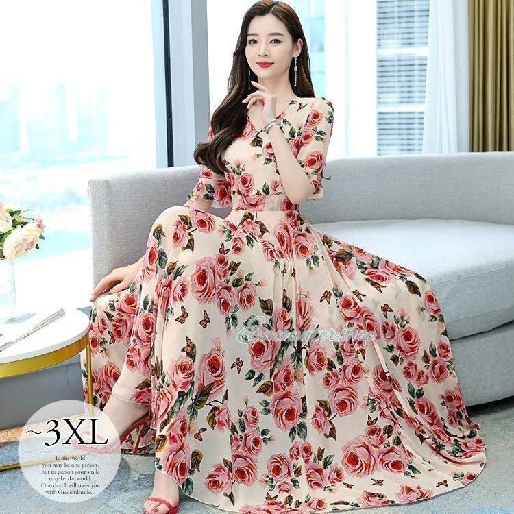 2021年製 大人可愛い リネン 花柄 ワンピース バラ 薔薇 ホワイト