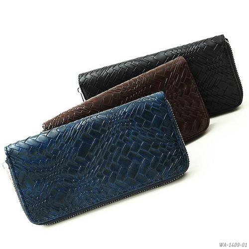 編み込みレザー調 ラウンドファスナーウォレット(小銭入れ付) 長財布