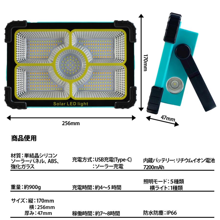 LED投光器 7200mAh ソーラー充電 LED300個 180°調整 IP66防水 防滴 コンパクト 明るい 屋内 屋外 作業灯 作業 ...