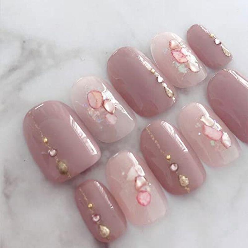 ネイルチップ ５サイズから選べます 1667くすみピンクシェルジュエルゴールドライン 成人式ネイル Tomoネットショップ福岡店 通販 Yahoo ショッピング