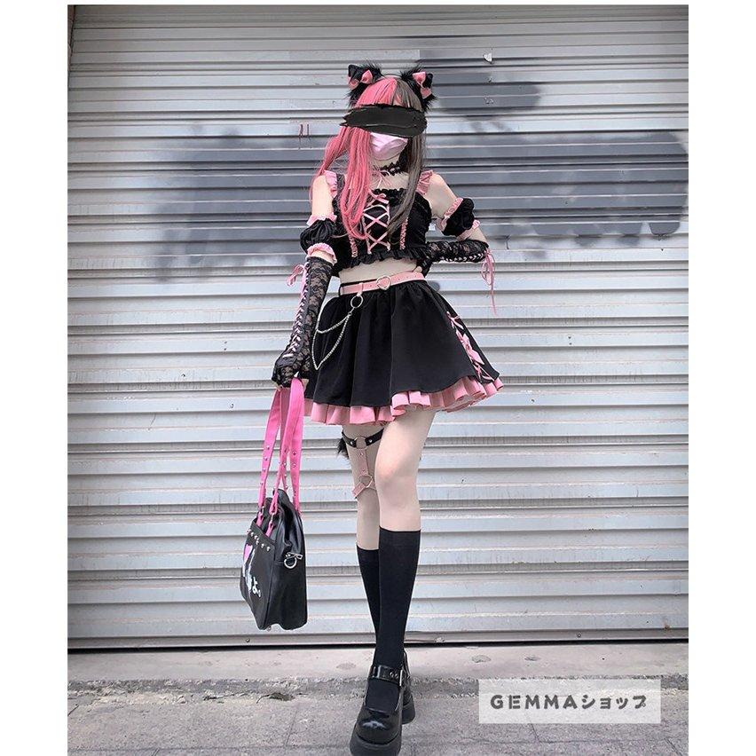 セットアップ レディース ノースリーブ ロリータ風 仮装 コスプレ 可愛い 二次元女子中高生 JSK ブラック 洋服 少女 原宿 黒猫｜tomochan-shop｜13