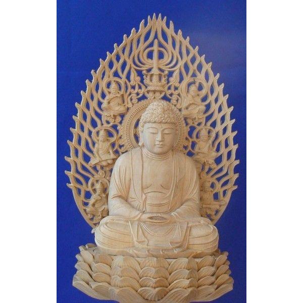 大特価放出！木彫仏像 釈迦如来座像飛天光背八角台2.5寸柘植 ツゲ(受注