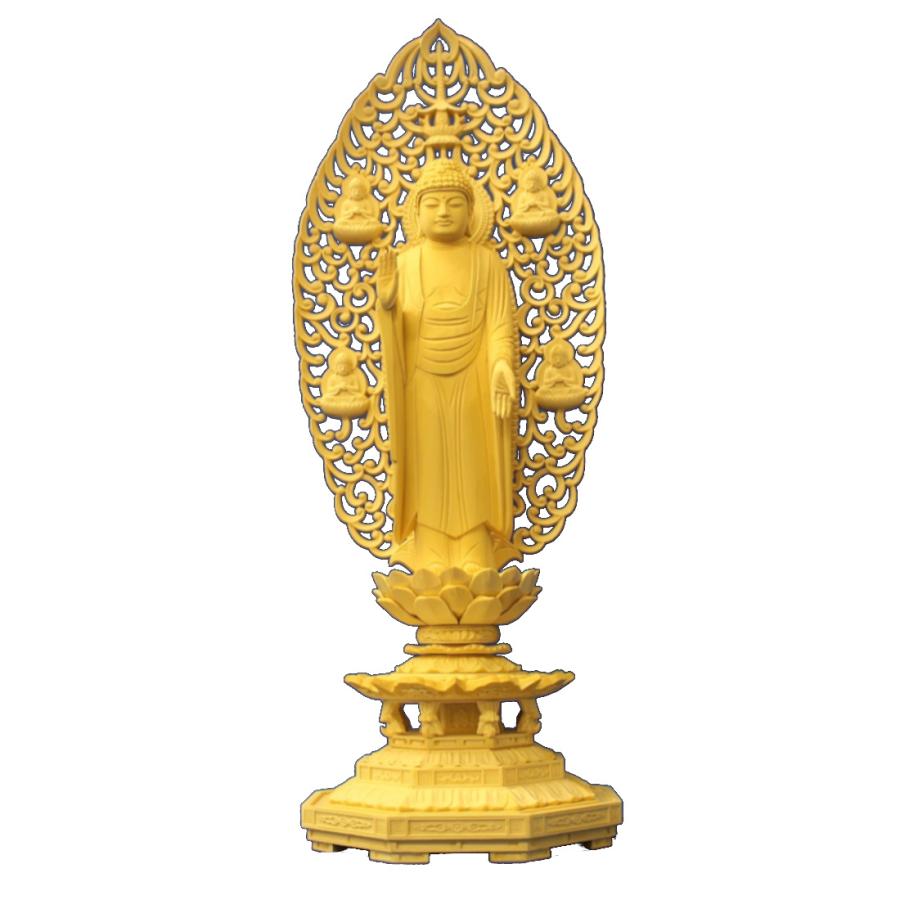 木彫仏像 釈迦如来立像(四菩薩光背)八角台6.0寸桧木(受注生産) ひのき
