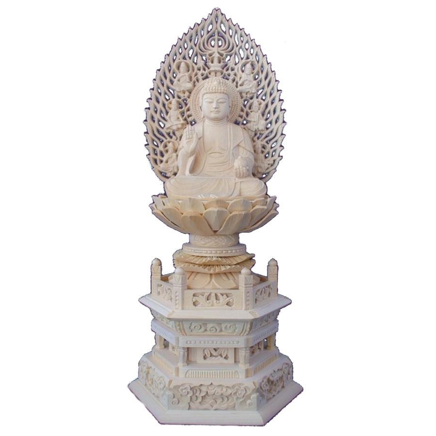 木彫仏像 薬師如来座像飛天光背六角台2.5寸桧木 ヒノキひのき