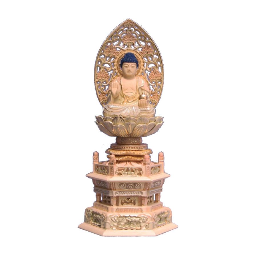 仏像 彫刻 木材 薬師如来座像草光背六角台2.5寸桧木 ひのき彩色（受注