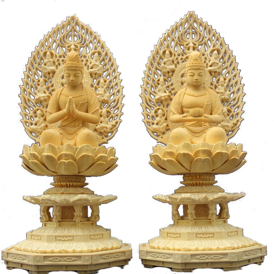 木彫仏像 観音勢至菩薩座像2.5寸一対飛天光背八角台桧木