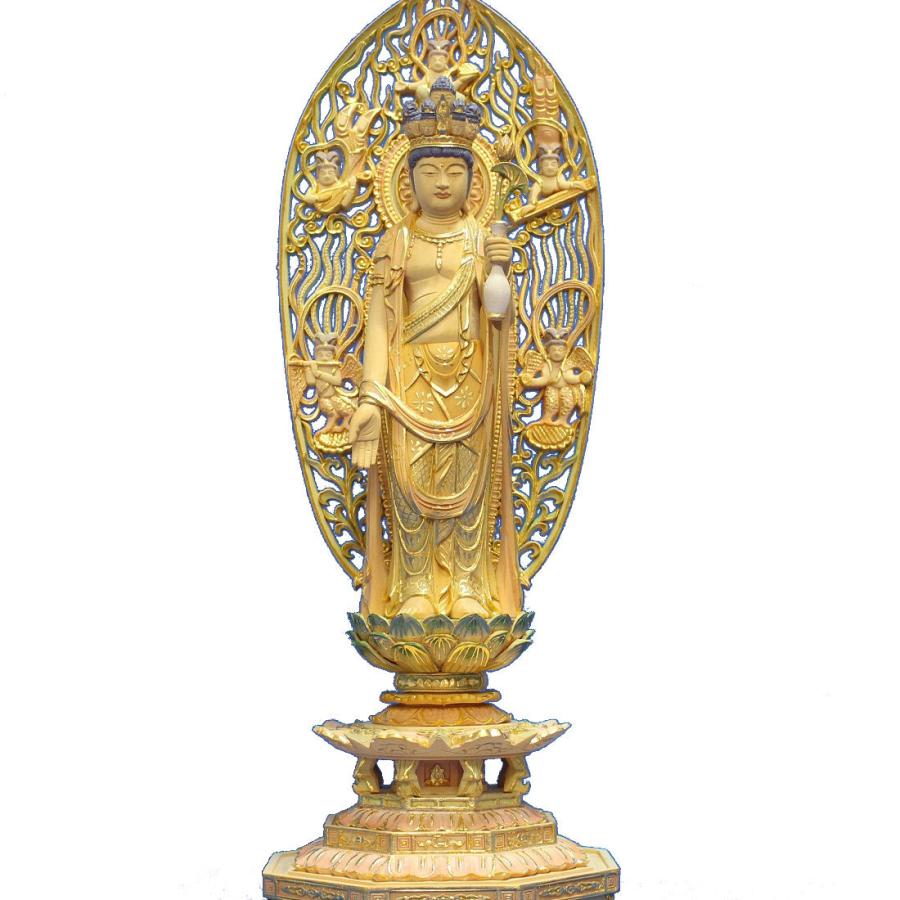 木彫仏像 十一面観音立像5寸飛天光背八角台桧木彩色（受注生産