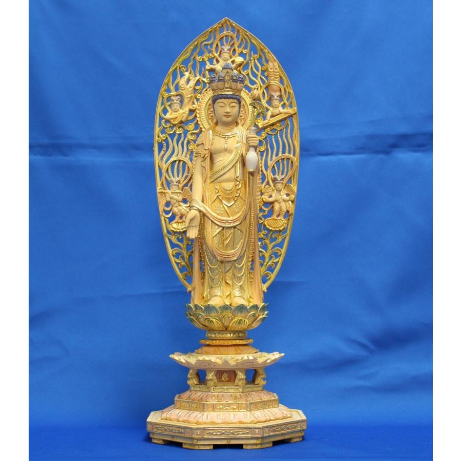 木彫仏像 十一面観音立像5寸飛天光背八角台桧木彩色（受注生産