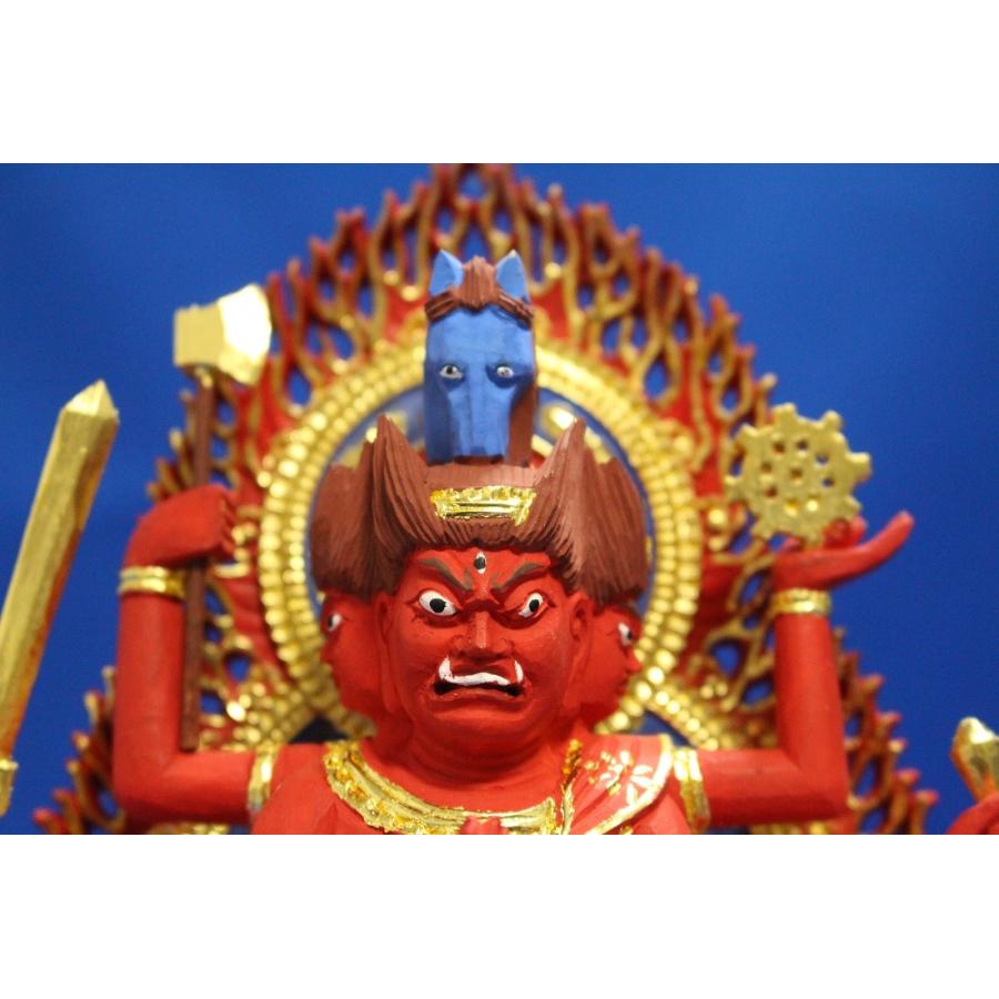 仏像 彫刻 木材 馬頭観音座像火炎光背八角台2.5寸桧木 ひのき彩色 送料