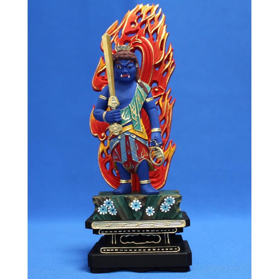 木彫仏像 不動明王立像火炎光背四角台4.0寸彩色桧木ヒノキ |  | 01