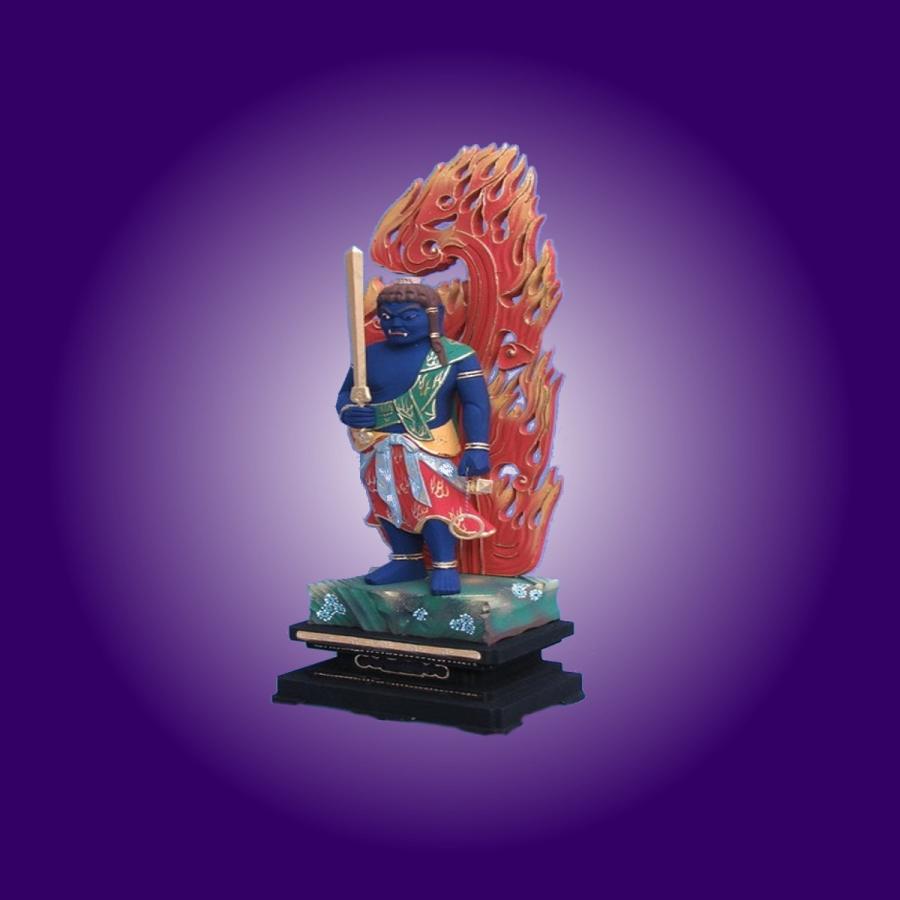 木彫仏像 不動明王立像火炎光背四角台5.0寸彩色桧木ヒノキ : トモエの