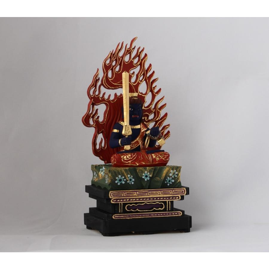 木彫仏像/座不動明王(青）四角台火焔光背2.0寸桧木彩色 : トモエの木彫