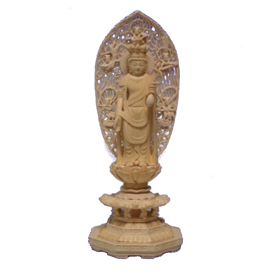 仏像 木彫り 十一面観音立像飛天光背八角台身丈1尺総高65cm桧木 （受注生産）