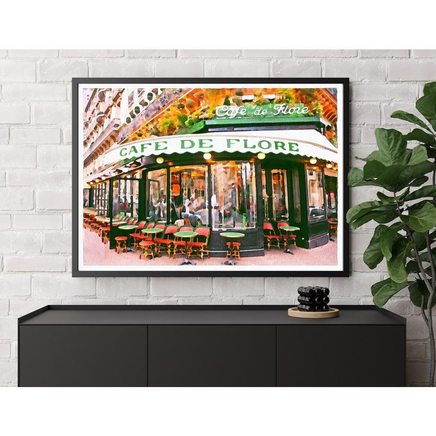 フランス　パリ　カフェ　街並みの風景　手書き油絵 額縁付き フランス パリ カフェ 街並みの風景 手書き油絵 額縁付き