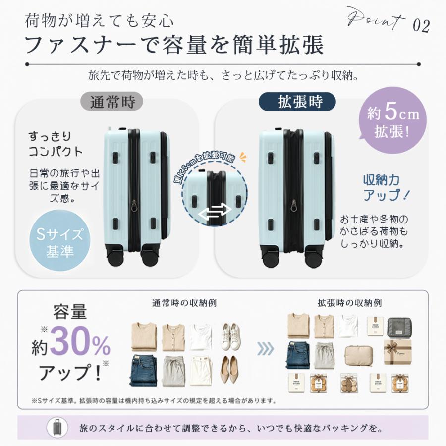 スーツケース 拡張 フロントオープン Sサイズ 機内持ち込み可  軽量 ファスナー ドリンクホルダー キャリーケース TSAロック Mサイズ 前開き |  | 03