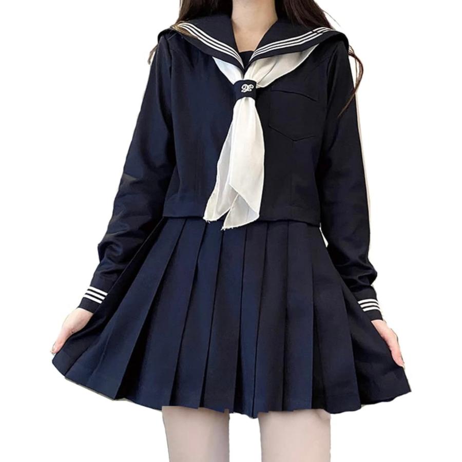 セーラー服 コスプレ  女子高生 スクール制服 5xl 学生服 半袖 紺三本 コスチューム 4点セット セーラー服 長袖 上下セット 前開き 中学生 通学 ハロウィン 仮装 の商品画像