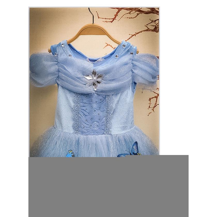 キッズ豪華ディズニーシンデレラドレス水色の蝶刺繍110 発送会　スタジオ撮影 プリンセスドレス シンデレラドレス 仮装 お姫様 なりきり ワンピース