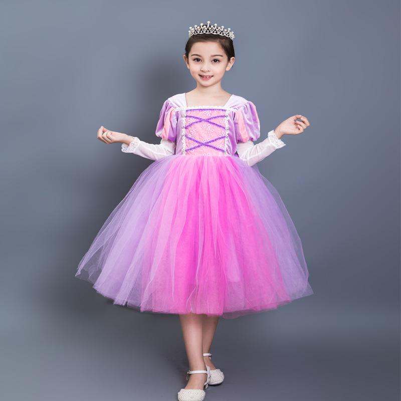子供ドレス ラプンツェルプリンセス長袖ドレス コスプレ衣装 塔の上の