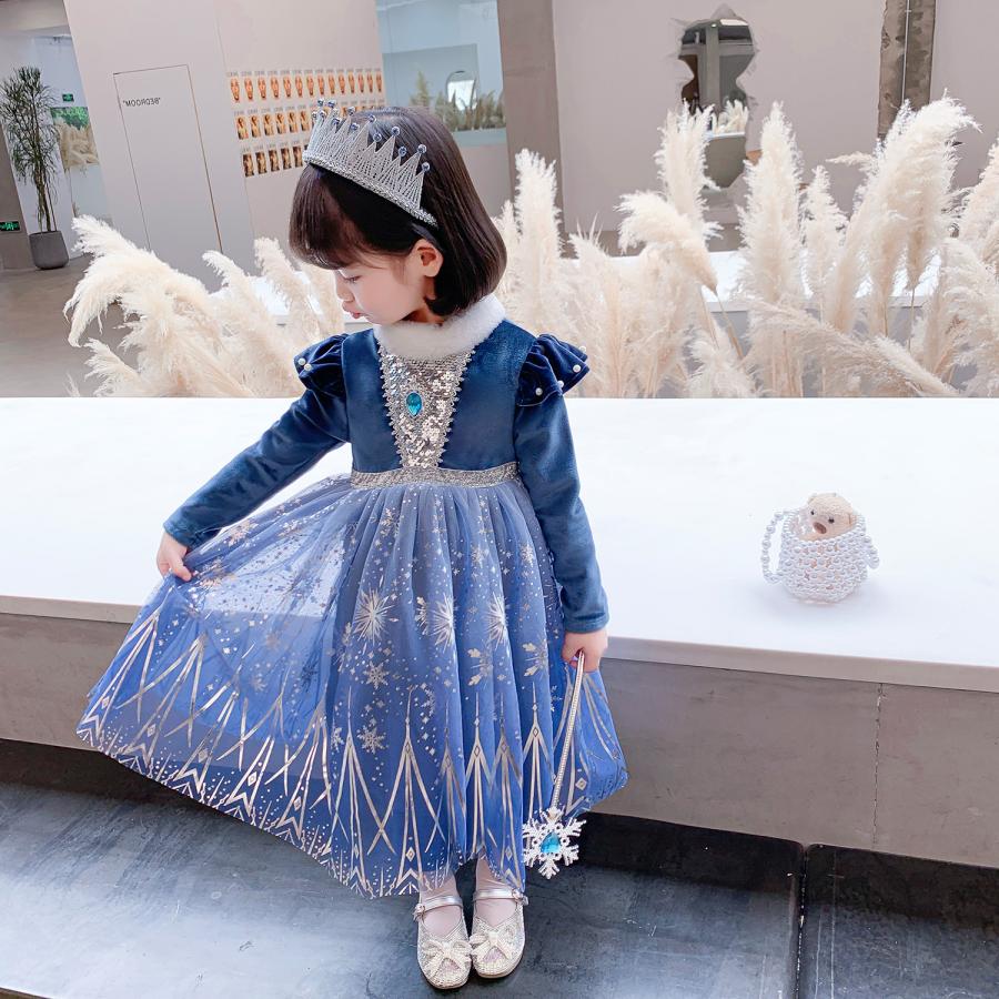 エルサ風プリンセスドレス 長袖 裏起毛付き 秋冬用 あったかキッズワンピース 子供 プリンセスドレス 裏起毛 爆買 長袖 女の子 なりきり お姫様