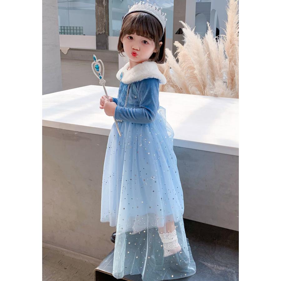 裏起毛 子供ドレス 雪の女王 エルサマント付き ドレスコスプレ 衣装