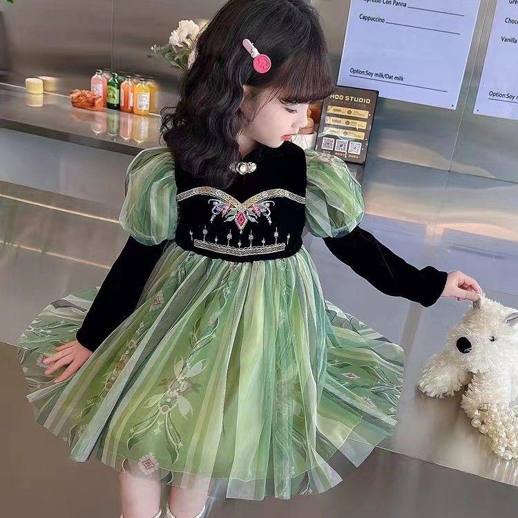 こどもプリンセスドレス 長袖 秋冬グリーン ベルベット生地 アナ雪