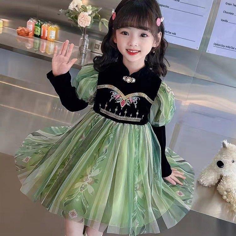 こどもプリンセスドレス 長袖 秋冬グリーン ベルベット生地 アナ雪