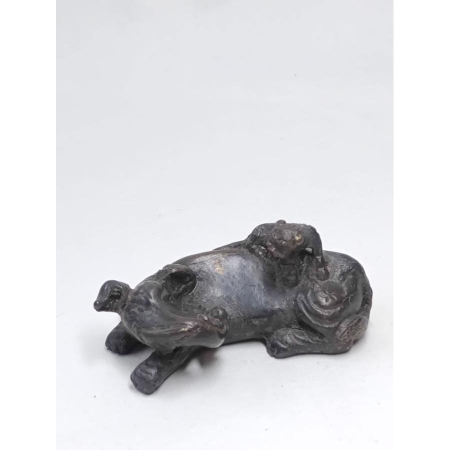 鎮尺 鎮紙 銅器 獅子 寧静致遠 圧尺 書道 工芸品 美術品 置物 銅製文鎮象と獅子】166g 90年代仕入 布箱入 単品 筆置き 文鎮 銅製