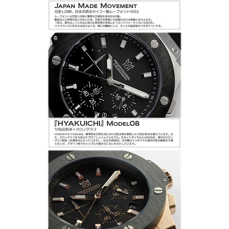 HYAKUICHI 101 腕時計 ウォッチ 100m防水 クロノグラフ 日付表示 ラバーベルト ブラック×ピンクゴールド メンズ HYAKUICHI 腕時計 ウォッチ 100m防水 クロノグラフ 日付表示 ラバーベルト ブラック×ピンクゴールド メンズ