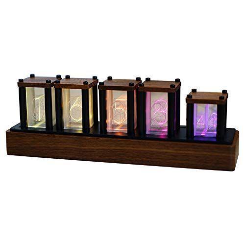 ニキシー管風置き時計 レトロモダン木製クロック 1600万色 RGBフルカラーLEDデジタル時計 ニキシー管風DIY卓上時計インテリア (ブ