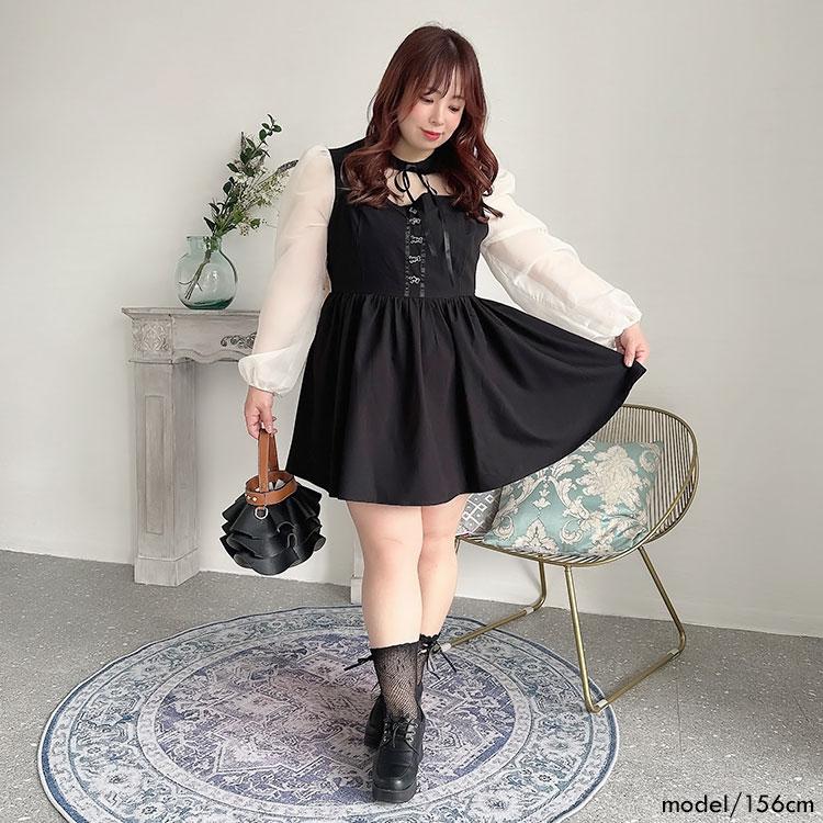 GOLDJAPAN 大きいサイズレディース ワンピース 胸元開きシアー袖 GOLDJAPAN 大きいサイズレディース ワンピース 胸元開きシアー袖