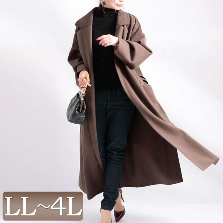 大きいサイズ レディース コート ロング ガウン リボン ポケット ダブルフェイス 秋コーデ 冬 秋 Ll 2l 3l 4l ライトモカ ピンク ミント モカ ブラック 黒 専門店では