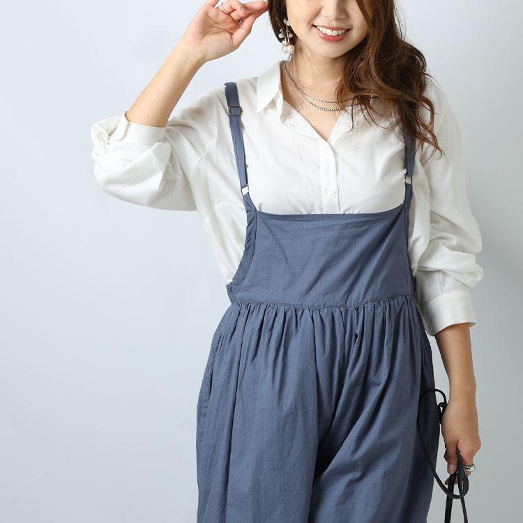 大きいサイズ レディース オールインワン サロペット ギャザーサロペットワイドパンツ ワイドパンツ 秋服 春服 夏服 LL 2L 3L 4L 5L 黒 ブルー ライトグレー | GOLDJAPAN | 14