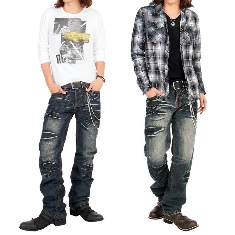 デニムパンツ メンズ デニム ストレート ダメージ加工 ジーンズ