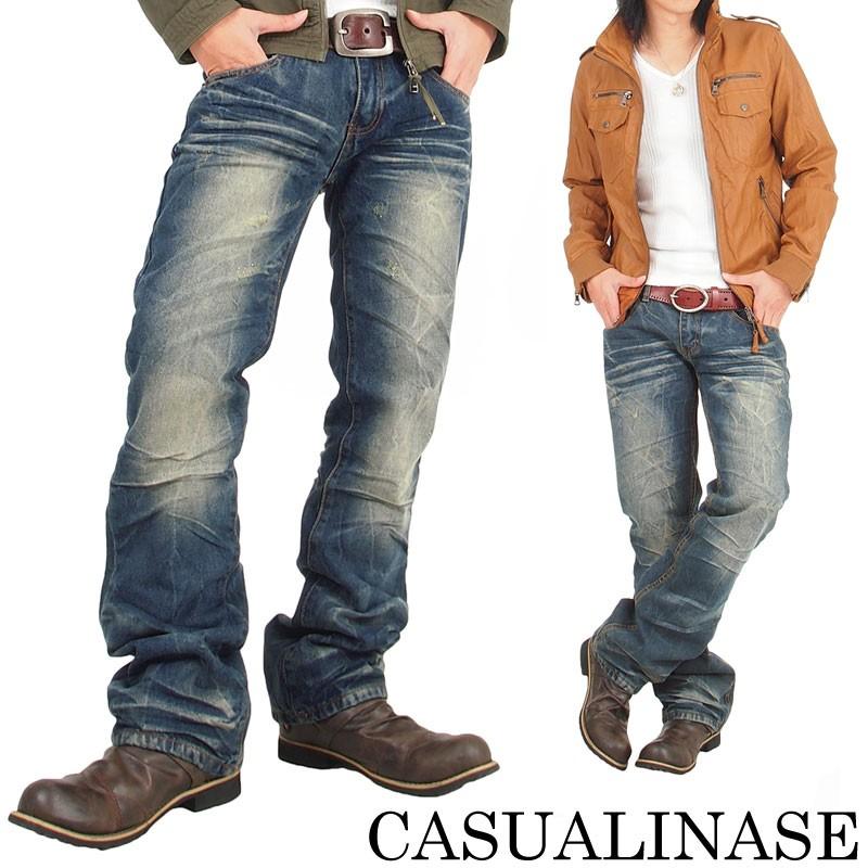 デニム メンズ デニム ジーンズ ストレート ブーツカット ダメージ