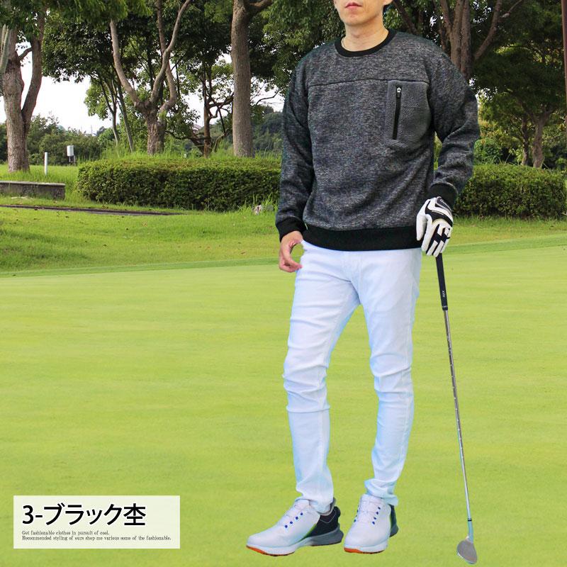 ゴルフウェア メンズ ニットフリース トレーナー 暖かい 裏起毛 クルー