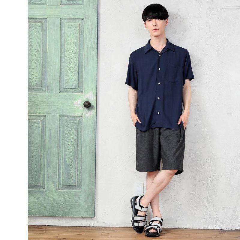 開襟シャツ メンズ オープンカラーシャツ レーヨン素材 無地 半袖