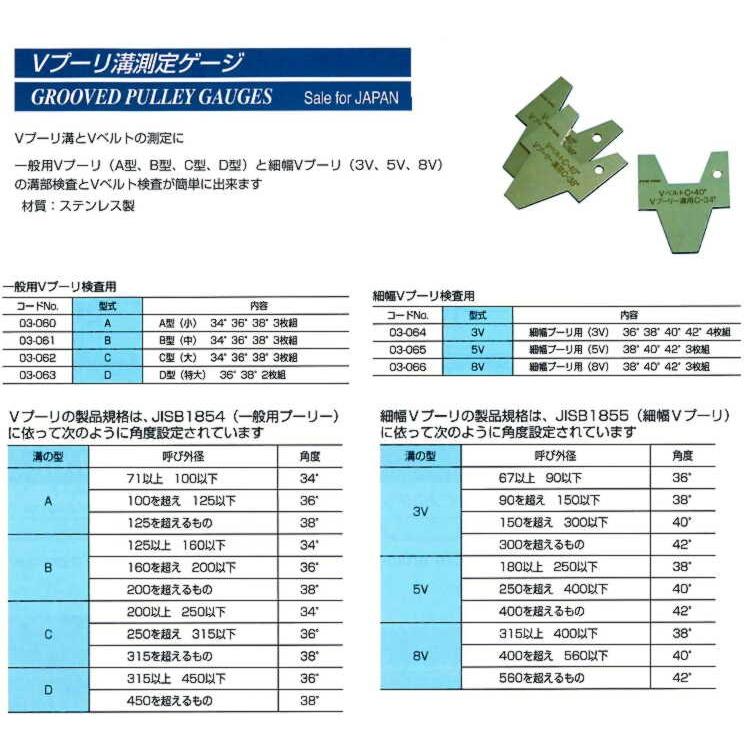 5V Vプーリ溝測定ゲージ(5V細幅プーリー用5V38°40°42° 3枚組） Vプーリ