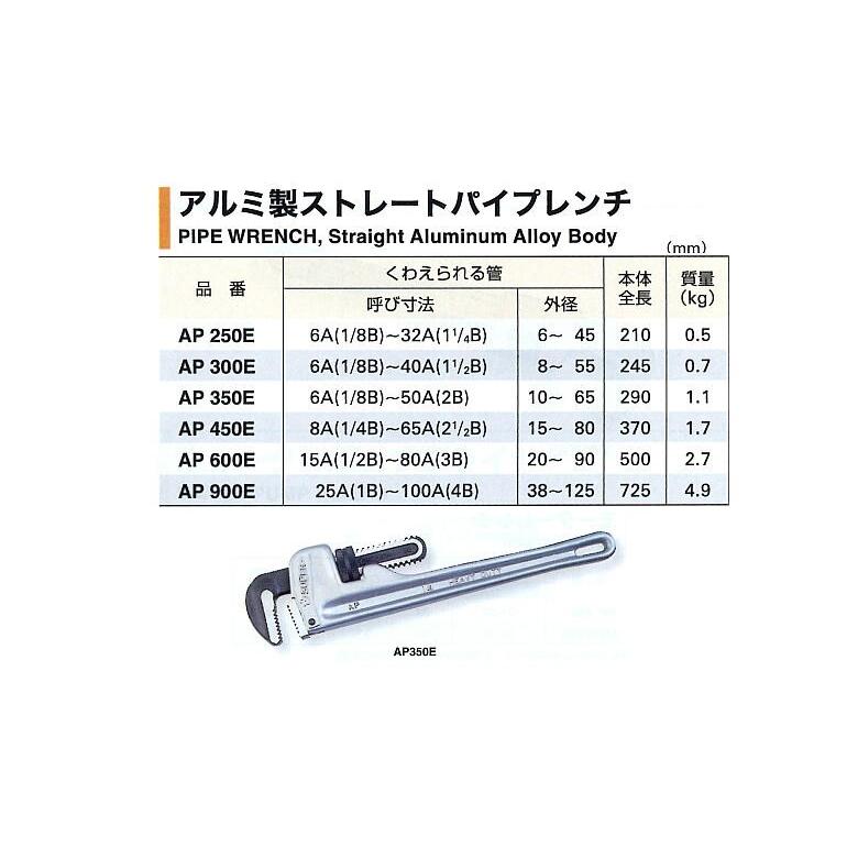 パイプレンチ AP350E アルミ製ストレートパイプレンチ 6A-50A スーパー