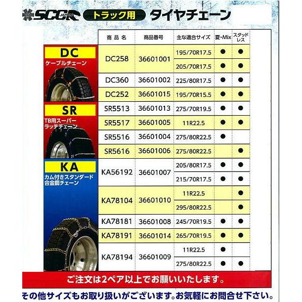 DC360(36601002)ケーブルチェーン 2ペア ライトトラック用 適合サイズ 225/80R 17.5 タイヤチェーン SCCJAPANの画像