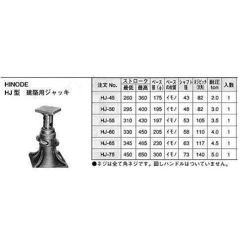 HJ-65 ヒノデ印 建築用ジャッキ4.5ton用   ストローク：345-465mm 丸八鋳造所 オリエンタル（東洋工具）の画像