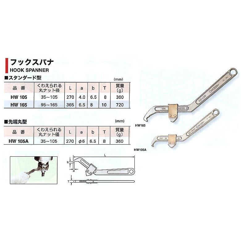 フックスパナ HW105A ピンレンチハンドルフックスパナ（先端丸型
