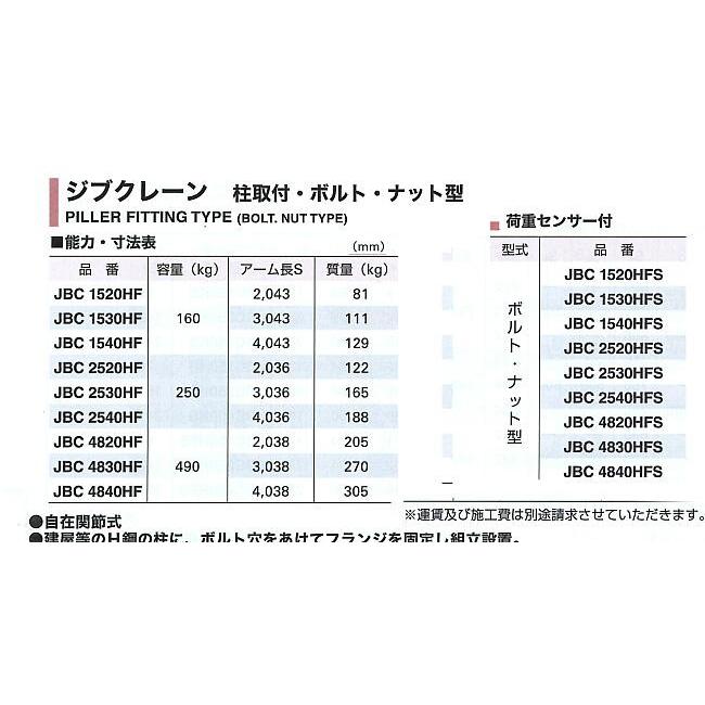 クレーン　JBC2540HC　ジブクレーン柱取付・コラム型　特注品　表示価格は暫定で都度お見積もりとなります。スーパーツール